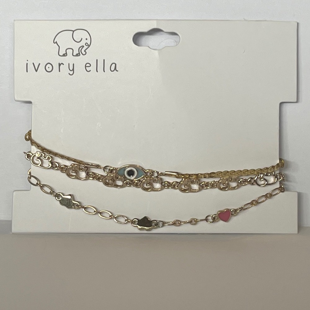 Ivory Ella Anklet Set of 3 – Gold Tone, Elephants, Hearts & Evil Eye